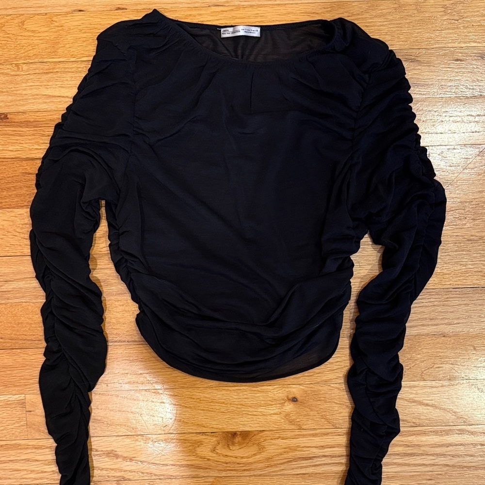 Zara Black Ruched Long Sleeve Top